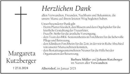 Anzeige von Margareta Kutzberger von MGO