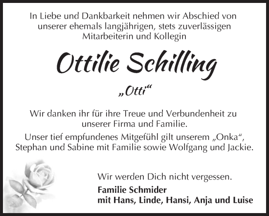 Anzeige von Ottilie Schilling von MGO