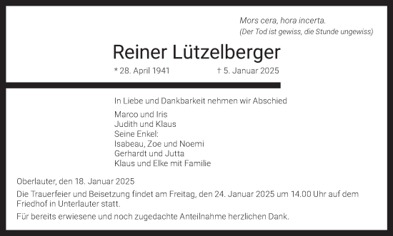 Anzeige von Reiner Lützelberger von MGO