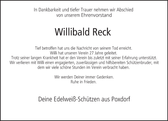 Anzeige von Willibald Reck von MGO