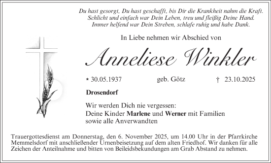 Anzeige von Anneliese Winkler von MGO