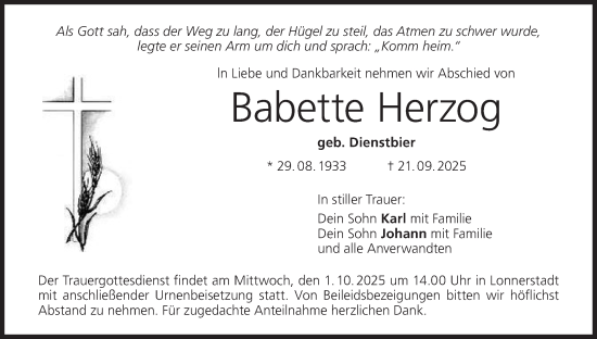 Anzeige von Babette Herzog von MGO Anzeige von Babette Herzog von MGO