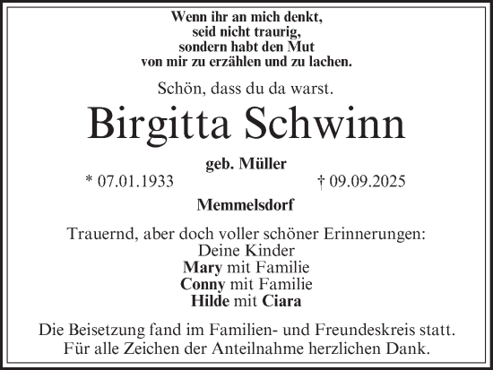 Anzeige von Birgitta Schwinn von MGO