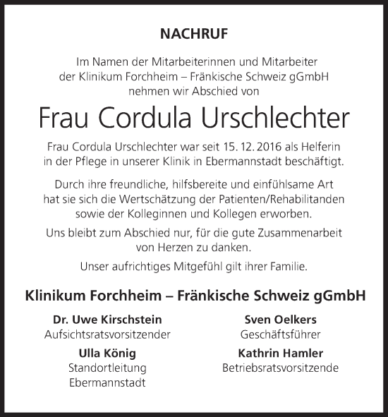 Anzeige von Cordula Urschlechter von MGO Anzeige von Cordula Urschlechter von MGO