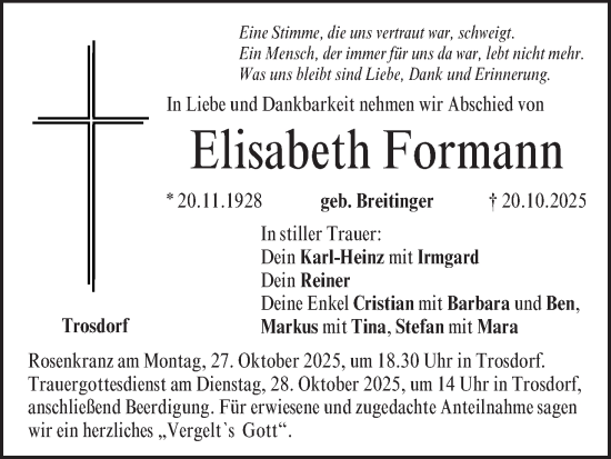 Anzeige von Elisabeth Formann von MGO Anzeige von Elisabeth Formann von MGO