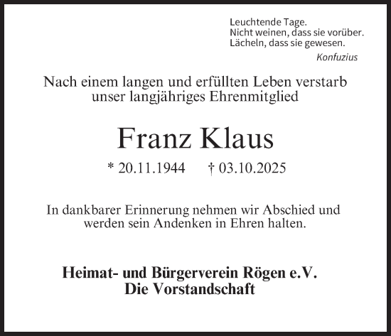Anzeige von Franz Klaus von MGO Anzeige von Franz Klaus von MGO
