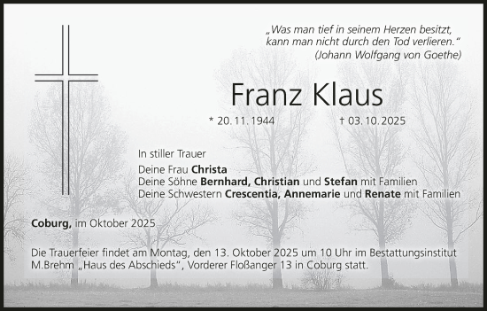 Anzeige von Franz Klaus von MGO Anzeige von Franz Klaus von MGO