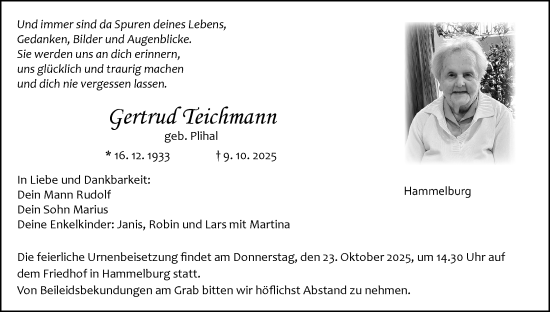 Anzeige von Gertrud Teichmann von MGO