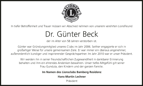 Anzeige von Günter Beck von MGO