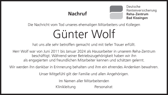 Anzeige von Günter Wolf von MGO