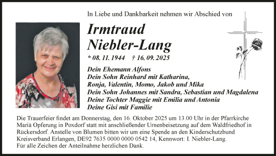 Anzeige von Irmtraud Niebler-Lang von MGO Anzeige von Irmtraud Niebler-Lang von MGO