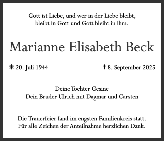 Anzeige von Marianne Elisabeth Beck von MGO