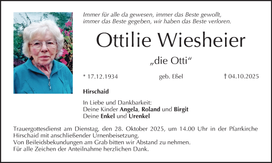 Anzeige von Ottilie Wiesheier von MGO Anzeige von Ottilie Wiesheier von MGO