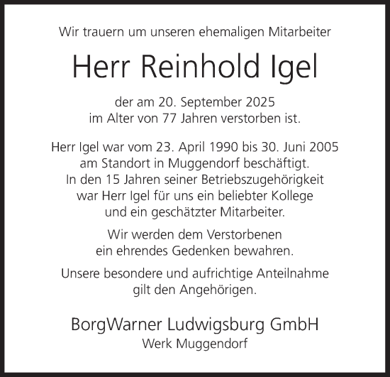 Anzeige von Reinhold Igel von MGO