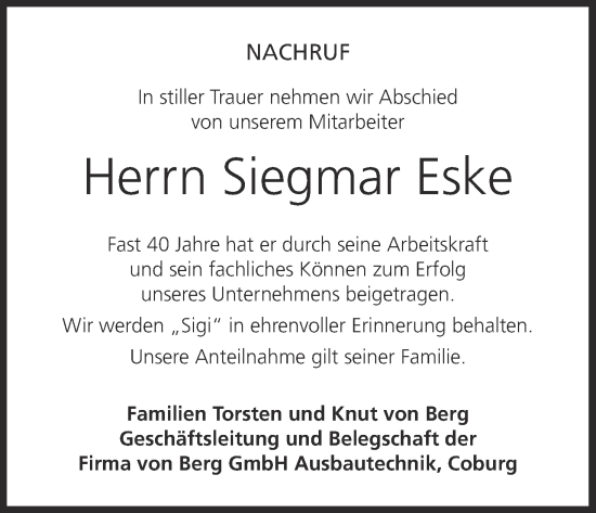 Anzeige von Siegmar Eske von MGO Anzeige von Siegmar Eske von MGO