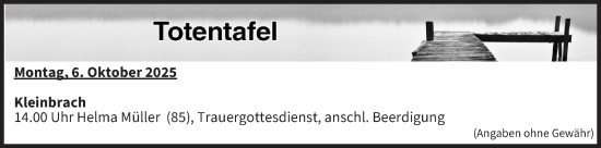 Anzeige von Totentafel vom 06.10.2025 von MGO