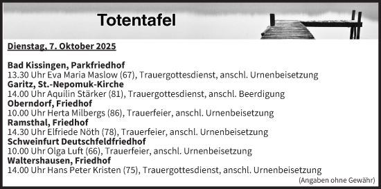 Anzeige von Totentafel vom 07.10.2025 von MGO