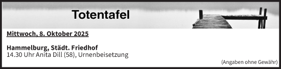 Anzeige von Totentafel vom 08.10.2025 von MGO