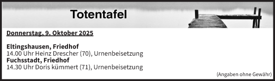 Anzeige von Totentafel vom 09.10.2025 von MGO