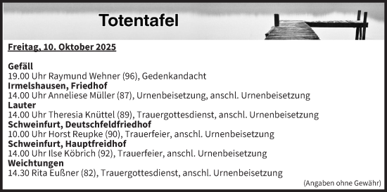 Anzeige von Totentafel vom 10.10.2025 von MGO