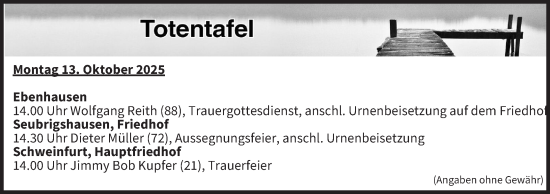 Anzeige von Totentafel vom 13.10.2025 von MGO