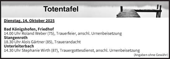 Anzeige von Totentafel vom 14.10.2025 von MGO