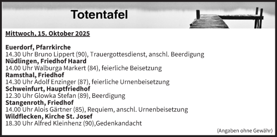 Anzeige von Totentafel vom 15.10.2025 von MGO