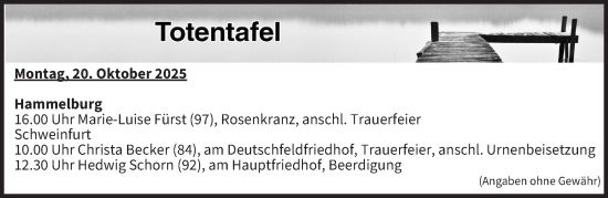 Anzeige von Totentafel vom 20.10.2025 von MGO