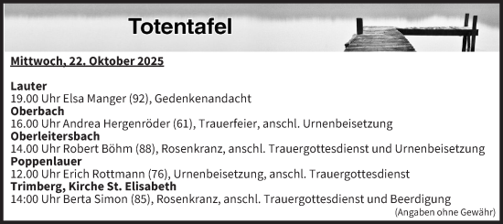 Anzeige von Totentafel vom 22.10.2025 von MGO