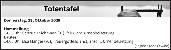 Anzeige von Totentafel vom 23.10.2025 von MGO