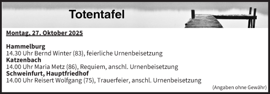 Anzeige von Totentafel vom 27.10.2025 von MGO