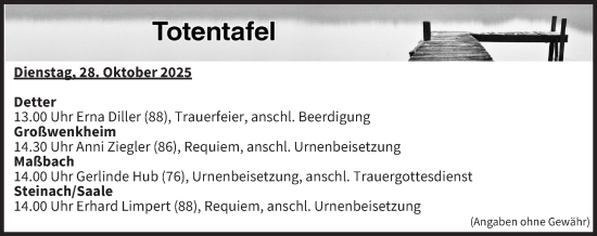 Anzeige von Totentafel vom 28.10.2025 von MGO
