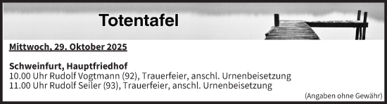 Anzeige von Totentafel vom 29.10.2025 von MGO