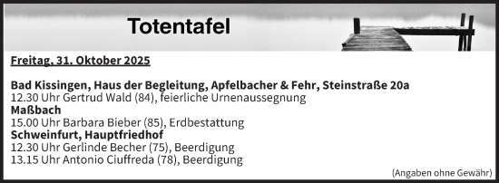 Anzeige von Totentafel vom 31.10.2025 von MGO Anzeige von Totentafel vom 31.10.2025 von MGO