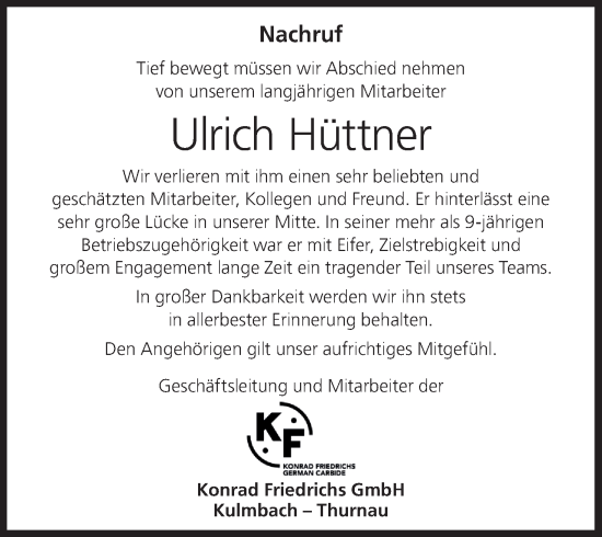 Anzeige von Ulrich Hüttner von MGO