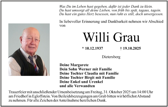 Anzeige von Willi Grau von MGO Anzeige von Willi Grau von MGO