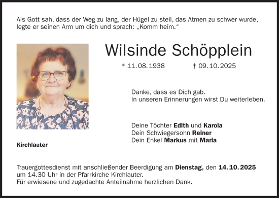 Anzeige von Wilsinde Schöpplein von MGO