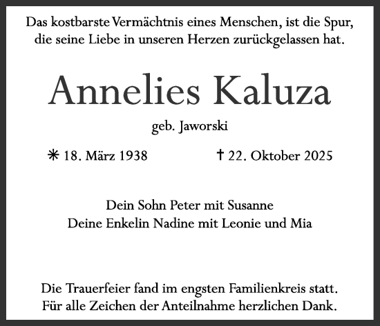 Anzeige von Annelies Kaluza von MGO