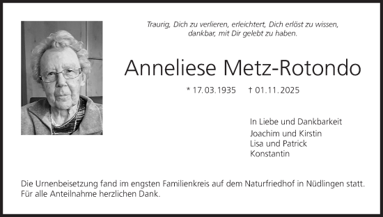 Anzeige von Anneliese Metz-Rotondo von MGO