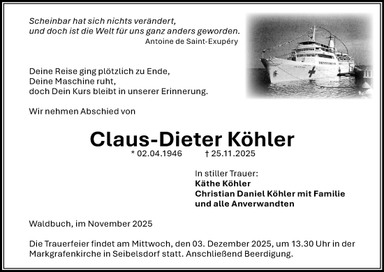 Anzeige von Claus-Dieter Köhler von MGO