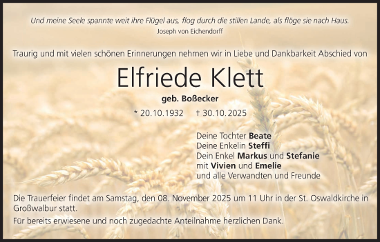 Anzeige von Elfriede Klett von MGO
