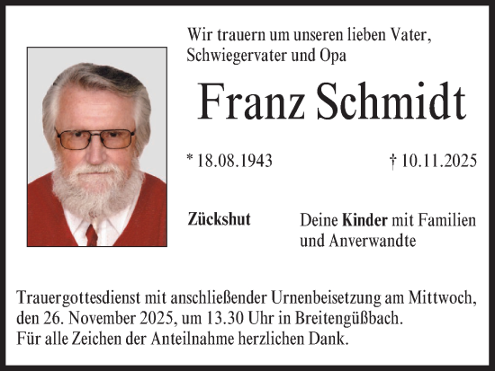 Anzeige von Franz Schmidt von MGO