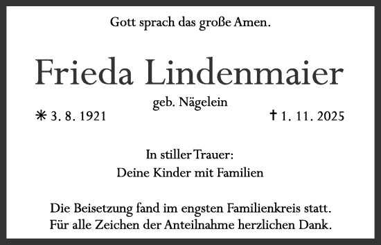 Anzeige von Frieda Lindenmaier von MGO