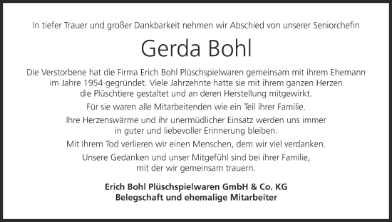 Anzeige von Gerda Bohl von MGO