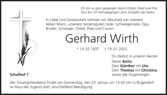 Anzeige von Gerhard Wirth von MGO
