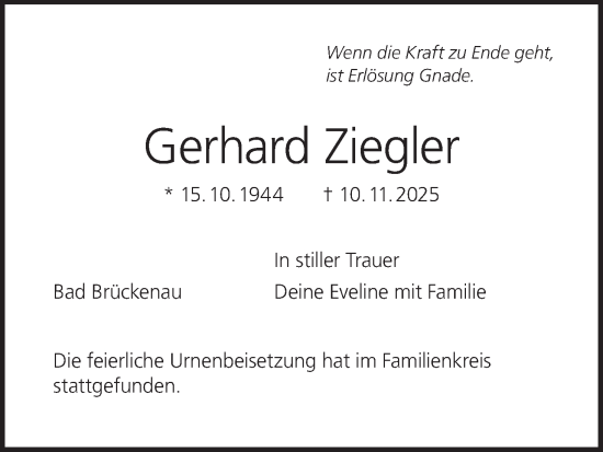 Anzeige von Gerhard Ziegler von MGO