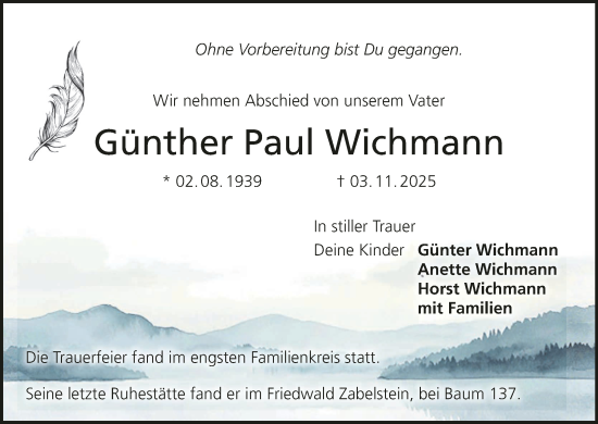 Anzeige von Günther Paul Wichmann von MGO