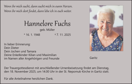 Anzeige von Hannelore Fuchs von MGO