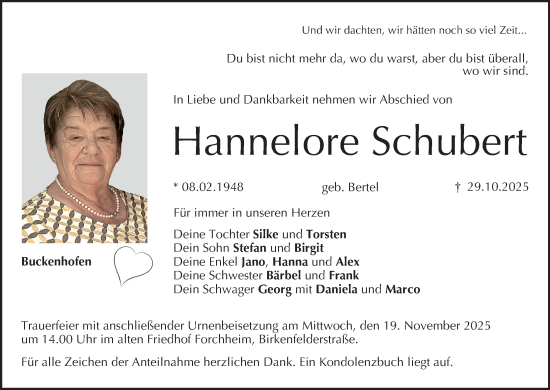 Anzeige von Hannelore Schubert von MGO