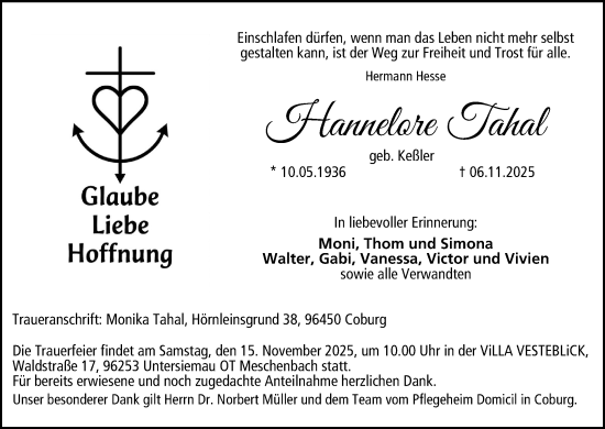 Anzeige von Hannelore Tahal von MGO